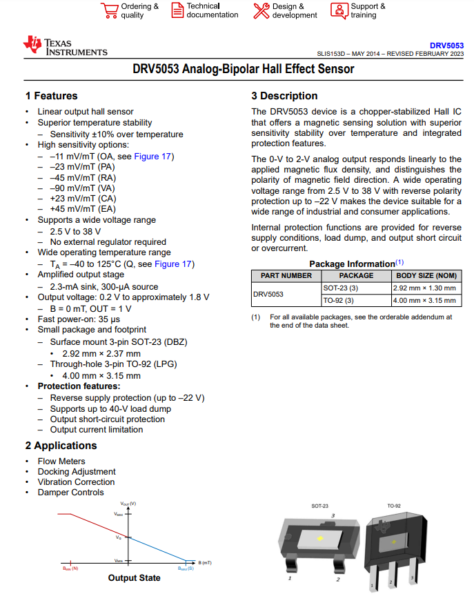 DRV5053OAQDBZR Hall Effect Sensor Single Axis SOT-23-3