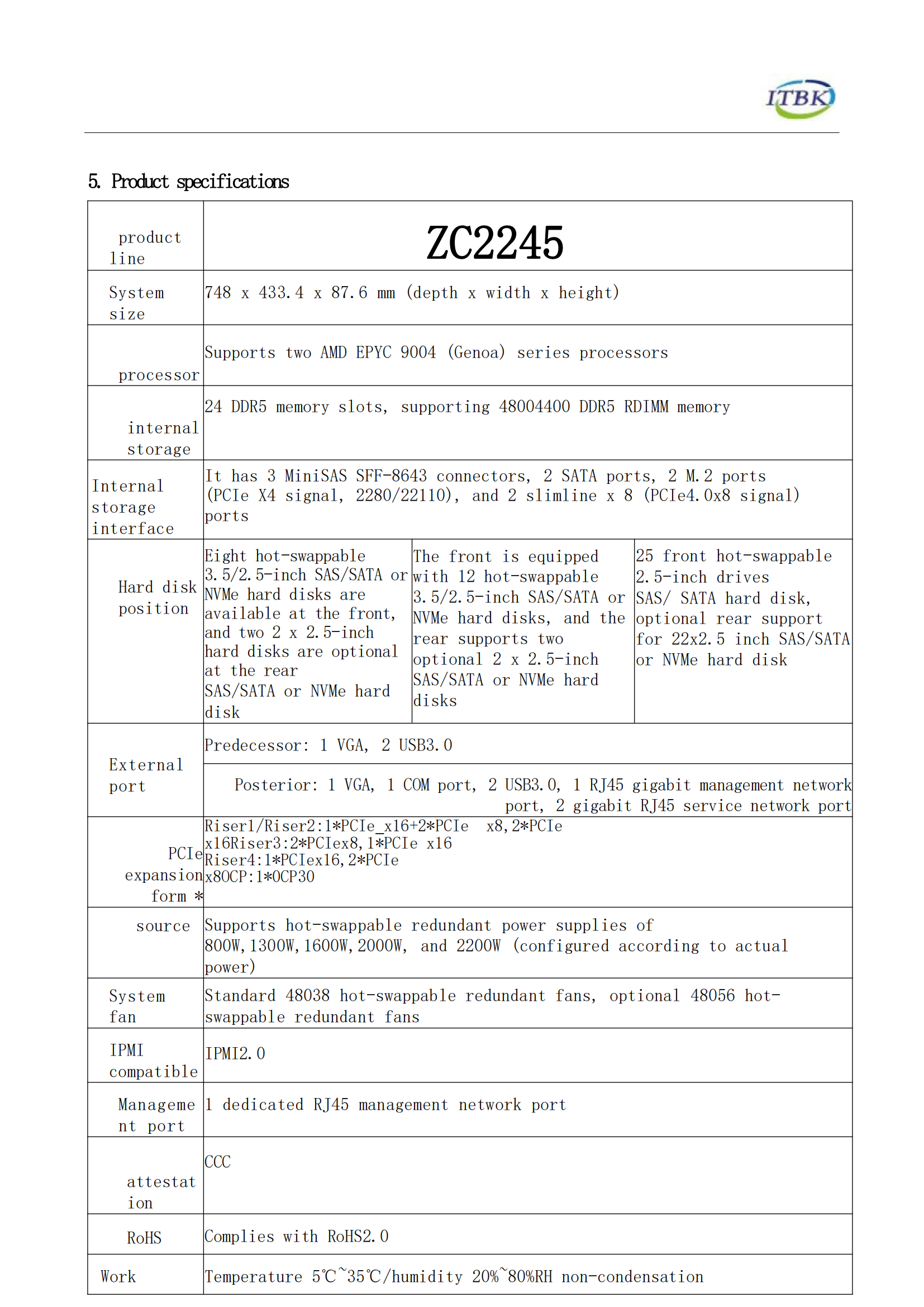 ITBK ZC 2245 2U Rack Server Dual AMD EPYC9004 DDR5-4800/4400MHz