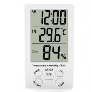 China TA308 Digital LCD Temperature Humidity Meter with Clock Household Thermometer on sale