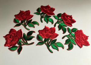 China Flower Embroidered Iron On Appliques , Large Red Rose Floral Patches For Clothes on sale