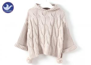 Pompom Ball Ribbed Girls Cable Sweater , Girls Hooded Jumper Winter Clothes